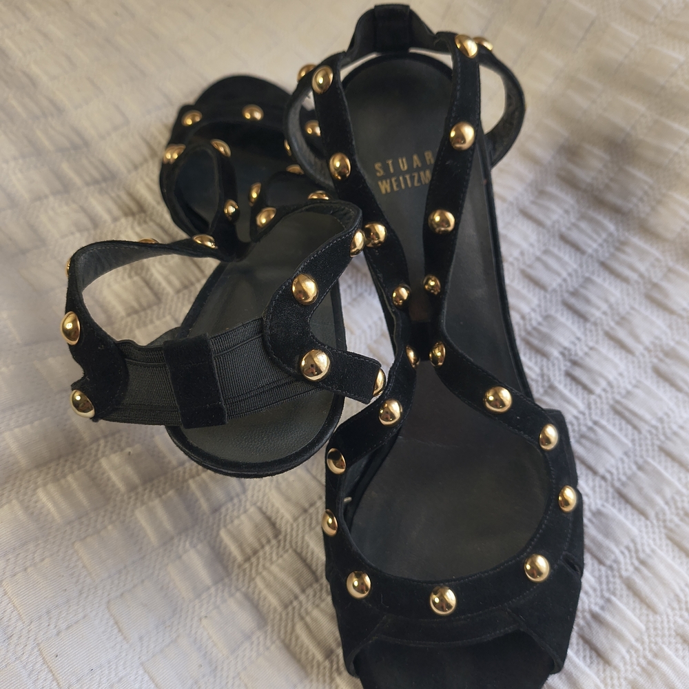 Stuart Weitzman Black Suede Gold-Stud T-Strap Heels - Picture 5 of 7